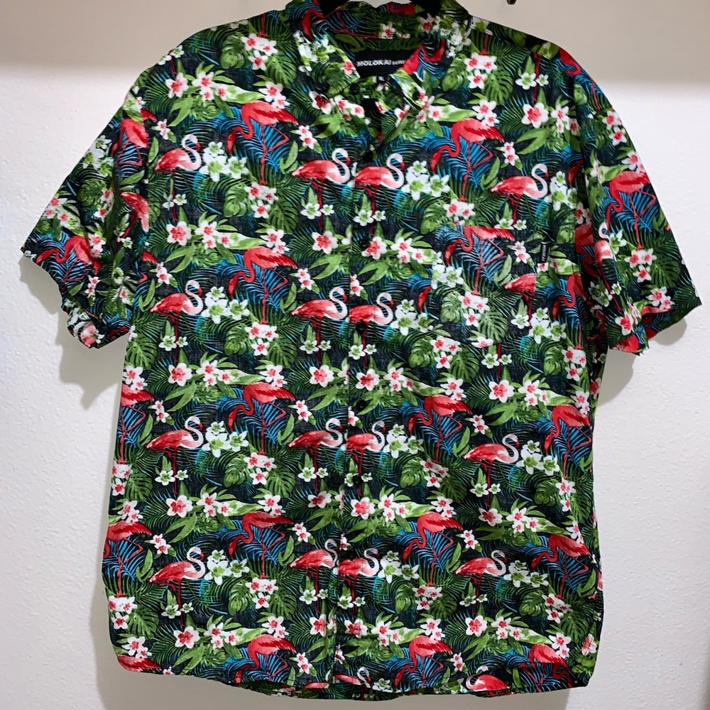 Molokai Surf Co. Button Up Hawaiian Flamingo Short Sleeve Shirt size XL